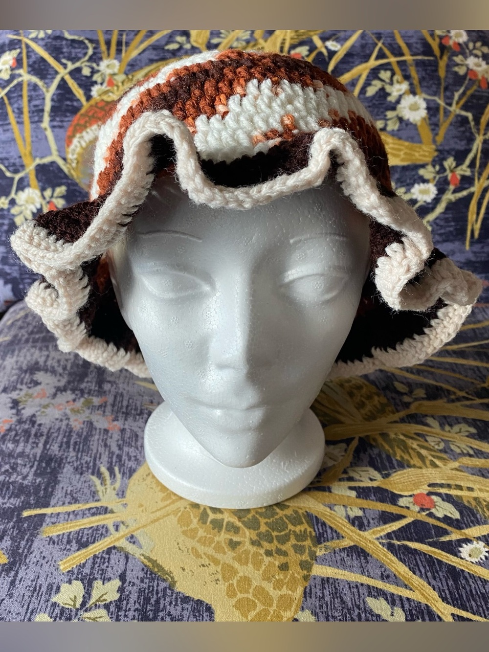 Brown Tone and White Handmade Crochet Bucket Hat With Ruffle Rim